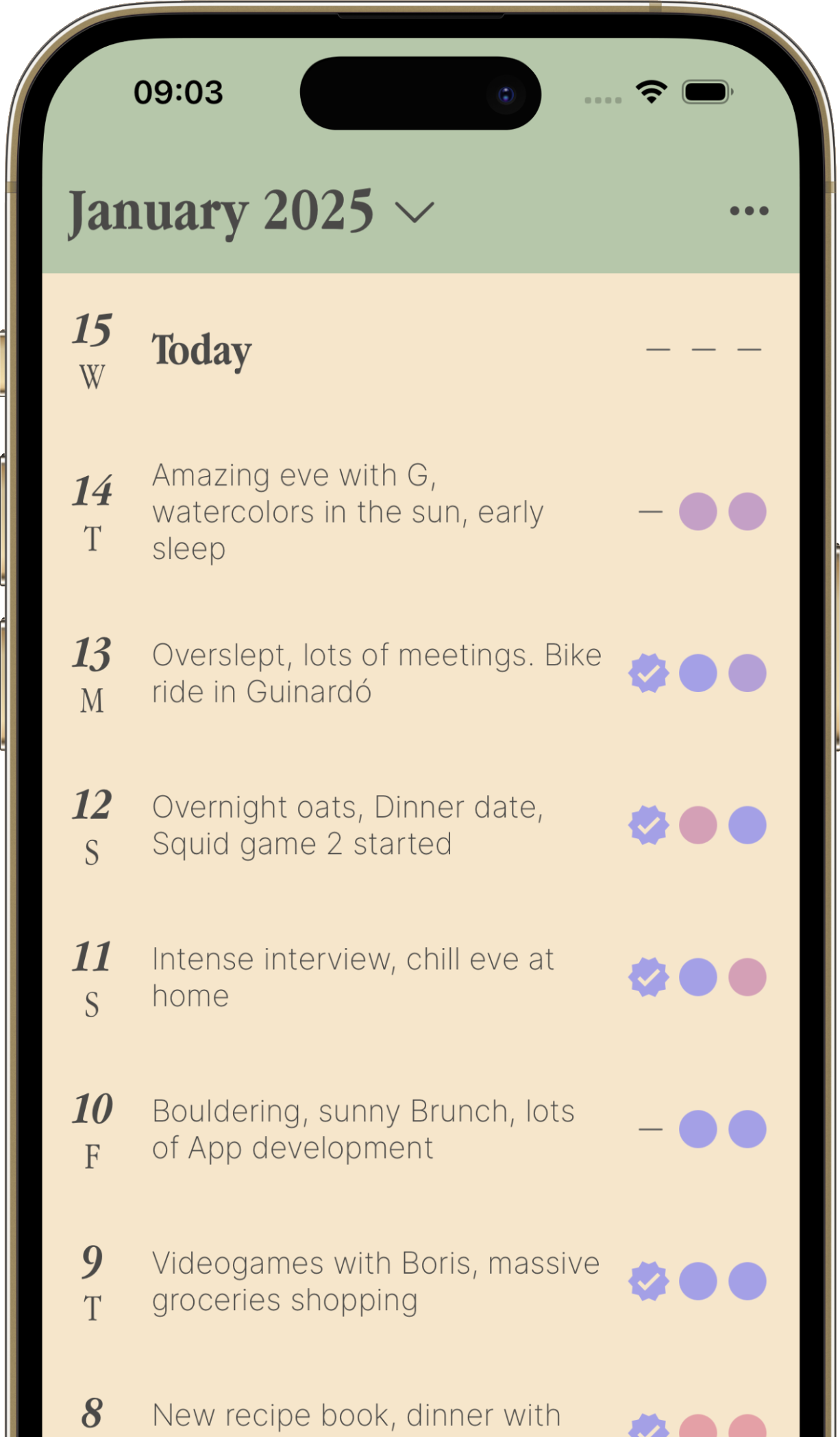 Habby app screenshot - Journal View